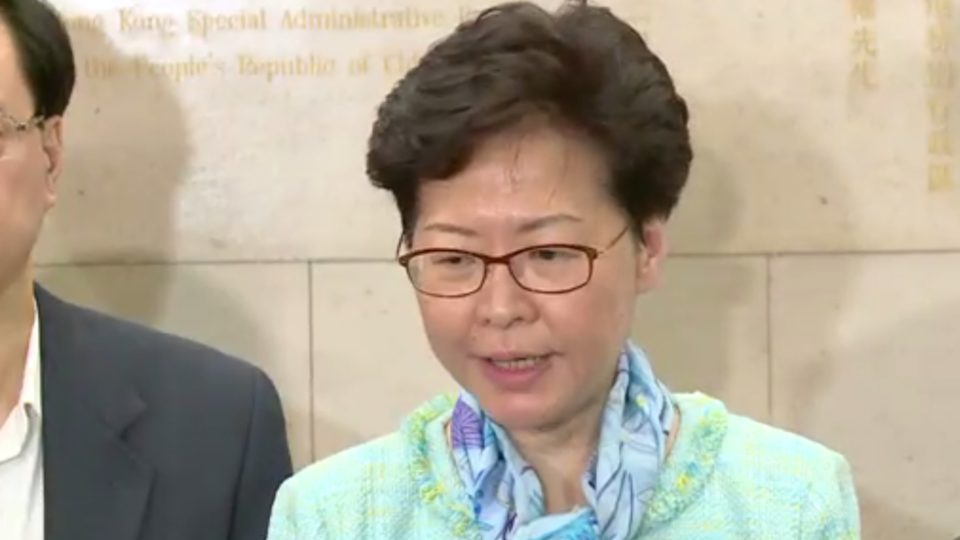Chief Executive Carrie Lam speaks to the press after the violent invasion of the Legislative Council last night. Photo via GovHK.