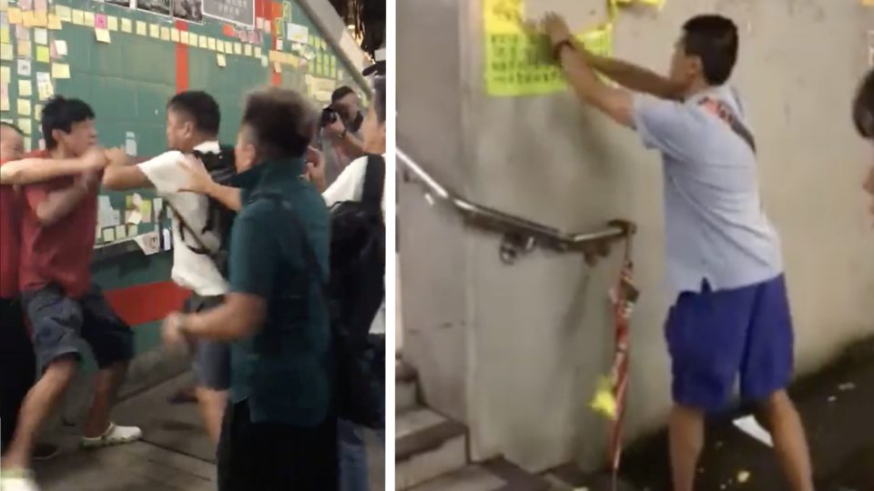 Scuffles break out at Lennon Walls in Tai Po (left) and Cheung Sha Wan (right) after people were seen trying to remove some of the Post-It notes bearing messages of support for anti-government protesters. Screengrabs via Facebook and YouTube.