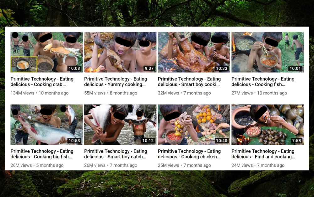 Thumbnails of the most viewed videos from the channel “Primitive Technology KH”