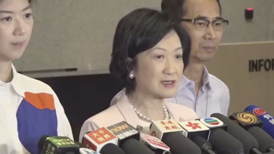 Pro-Beijing lawmaker Regina Ip tells reporters that she and her party the New People’s Party have suggested the government offer a cash handout to Hongkongers in next year’s budget. Screengrab via Facebook video.