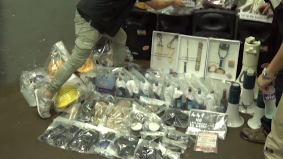 Materials seized from a suspected explosives factory in Hong Kong on Friday night. Screengrab via RTHK video.