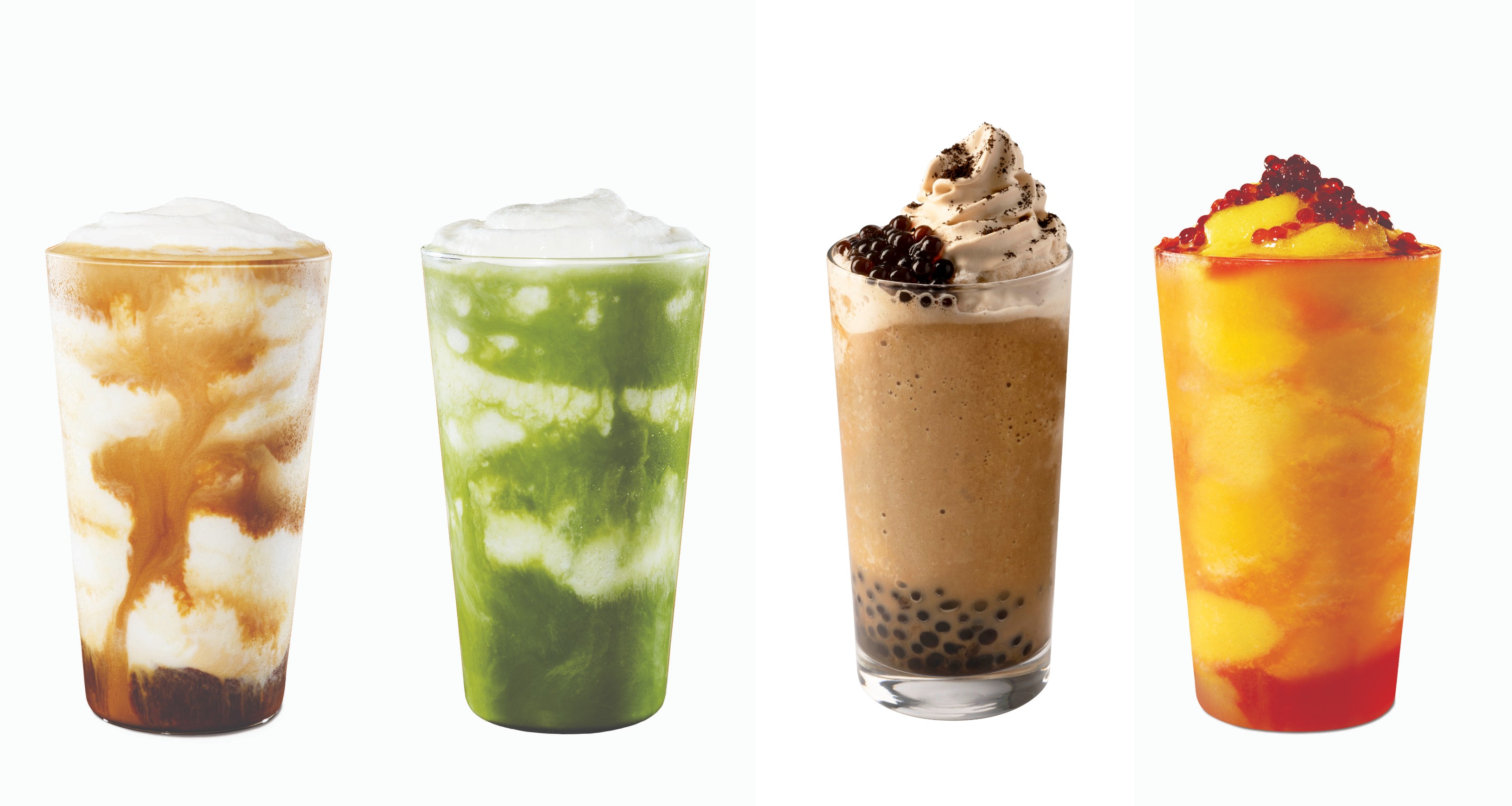 L-R Double Ristretto Blended Cream, White Chocolate Matcha Cream, White Mocha Coffee Sphere Frappuccino, Frozen Mango Hibiscus Tea with Pomegranate Pearls. Photo: Starbucks Philippines.