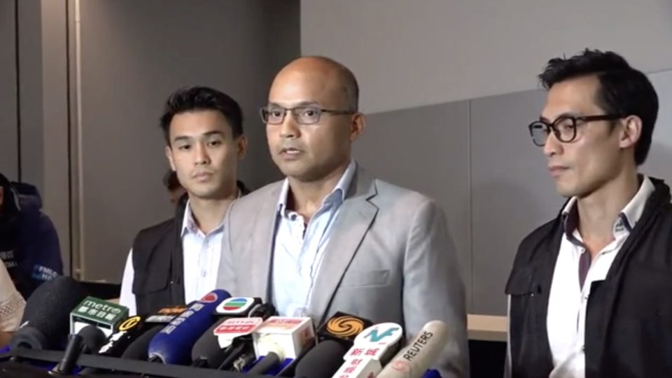 Superintendent Swalikh Mohammed of the Cyber Security and Technology Crime Bureau telling reporters that eight people have been arrested for doxxing police officers believed to be working on the frontlines during the extradition bill protests. Screengrab via Apple Daily video.