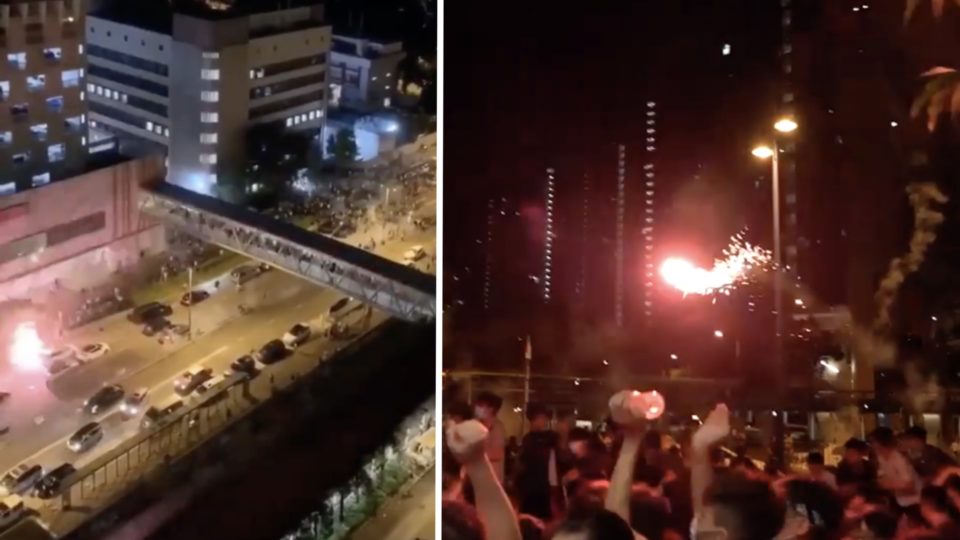 Video stills show a car shooting fireworks at protesters gathered outside the Tin Shui Wai police station on July 30. Screengrabs via Facebook video.