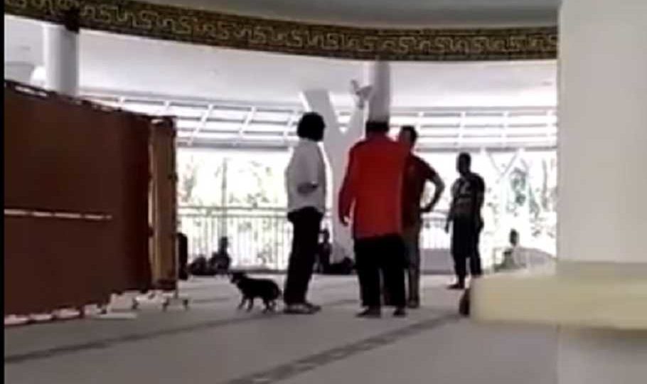 A woman, setting her dog loose in a mosque, confronts worshippers. Photo: Video screengrab