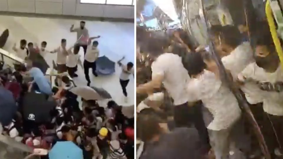 Men in white shirts can be seen indiscriminately beating protesters and passengers shielding themselves from attack in Yuen Long MTR station (left), and attacking others who were driven from the platform into a stationary train (right) on July 21. Screengrabs via Twitter/Facebook.