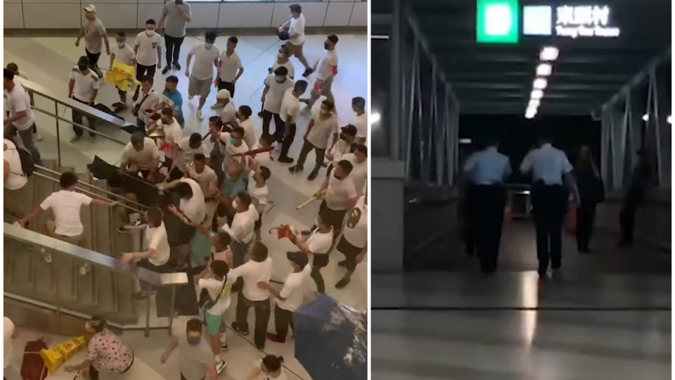 Pro-Beijing thugs attack protesters and commuters at the Yuen Long MTR station on July 21 (left), just moments after police left the station as the mob formed (right). Screengrabs via YouTube.