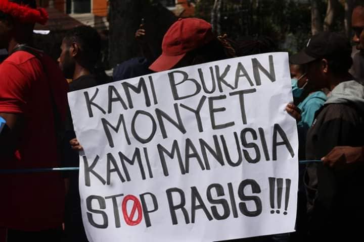 Dozens of students held a protest in Renon, Denpasar in August 2019. One of the signs says: 'We are not monkeys. We are human beings. Stop racism.' Photo: Aliansi Mahasiswa Papua / Facebook