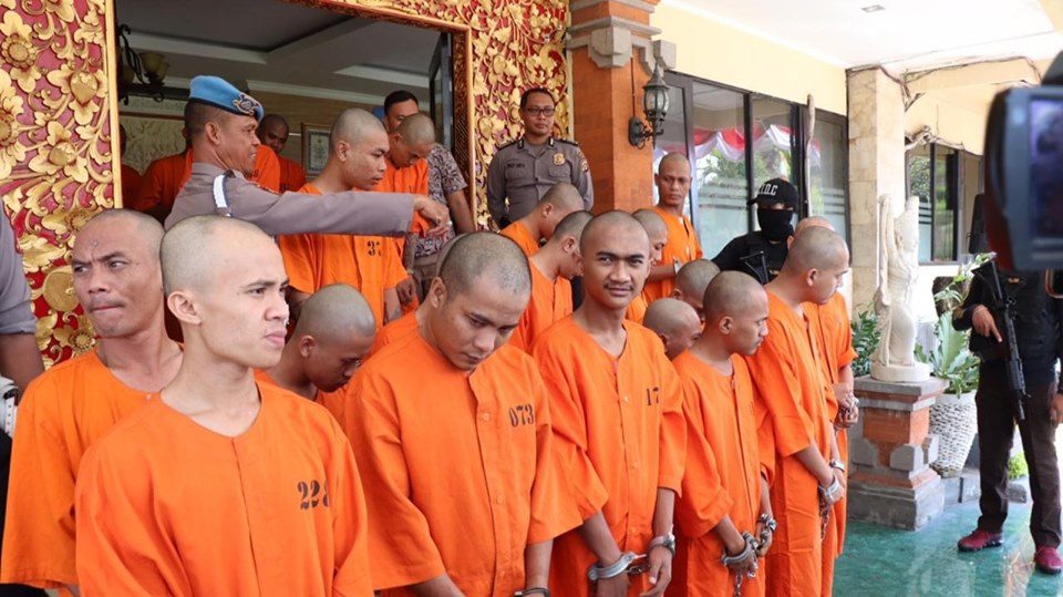 Drug suspects were paraded to the media during a press conference in Denpasar on Aug. 30. Photo: Polresta Denpasar / Facebook