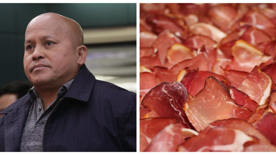 Senator Ronald dela Rosa and ham. Photos: Fernando Sepe Jr./ABS-CBN News/Pixabay.