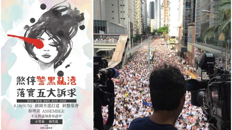 A poster promoting a planned CHRF march on Sunday (left), and an image of the crowd that attended a similar march on June 9 that was attended by as many as one million people (right). Photos via Facebook/Stuart White.