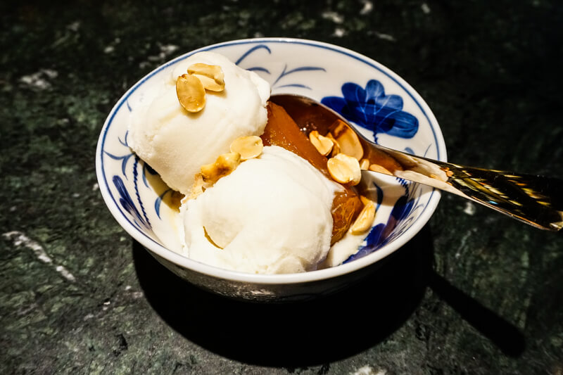 Sea-salted coconut milk ice-cream and candied unripened durian (THB150). Photo: Coconuts Media