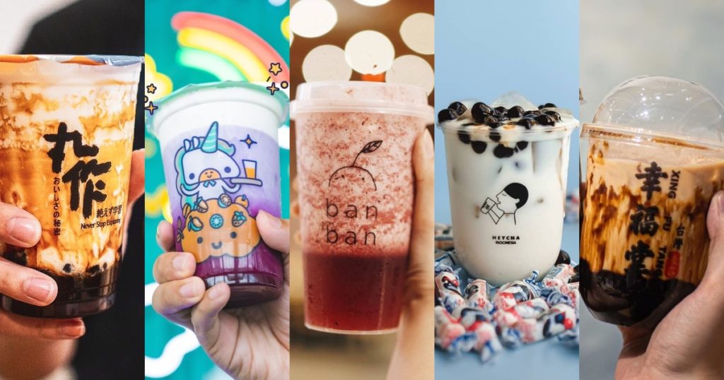 Several new boba brands in Jakarta. Can you spot your favorite? Photo: Instagram/@onezo.id, @kokumi_id, @banban.tea, @heychaofficial, @xingfutang_indonesia