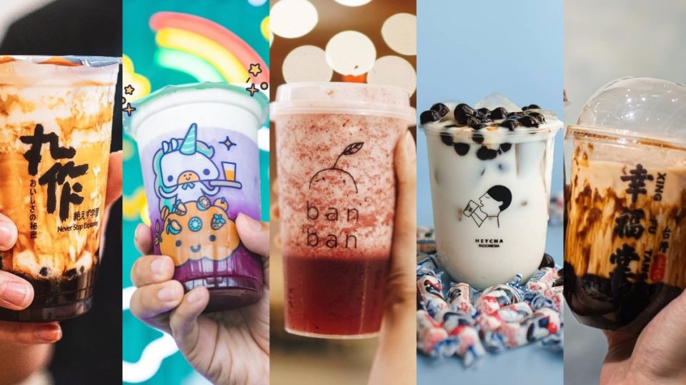 Several new boba brands in Jakarta. Can you spot your favorite? Photo: Instagram/@onezo.id, @kokumi_id, @banban.tea, @heychaofficial, @xingfutang_indonesia