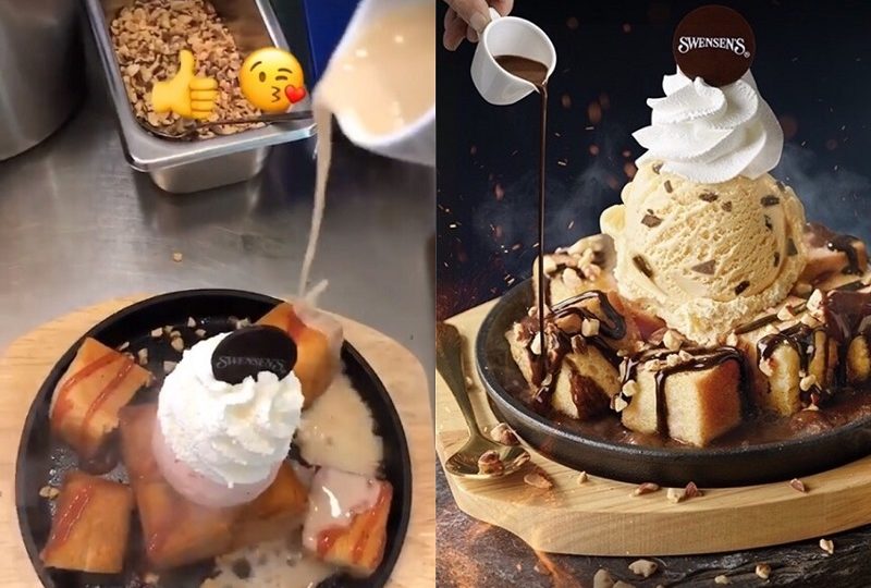 A customer pours over a vanilla sauce onto their Toast on Fire dish (left) and a promotional image of Toast on Fire provided by Swensen’s.
