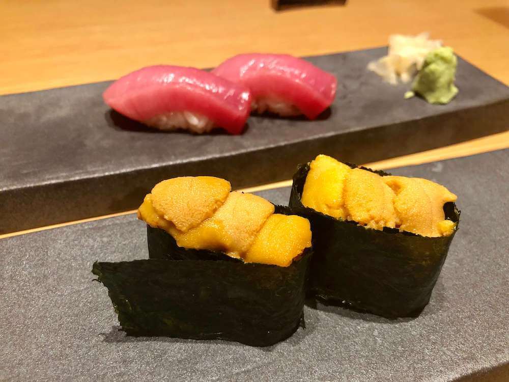 Kakure's uni (sea urchin) & medium-fatty tuna sushi. 