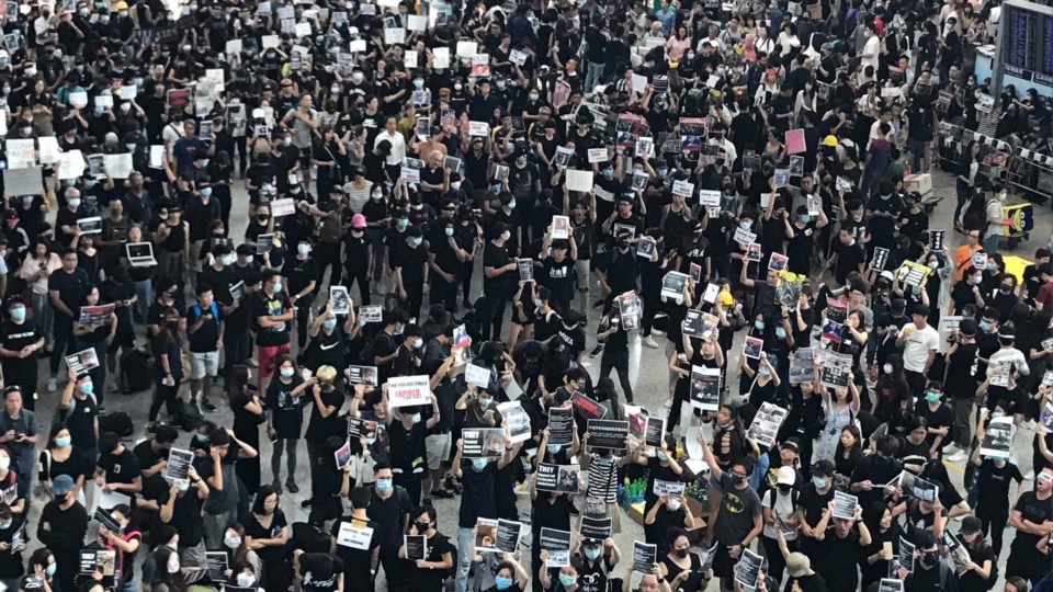 A crowd of protesters at Hong Kong International Airport on Monday. Photo by Cheryl Ho.