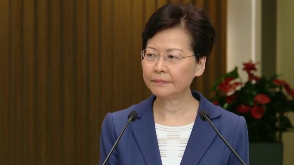 Hong Kong Chief Executive Carrie Lam speaks to the press on Tuesday morning. Screengrab via RTHK livestream.