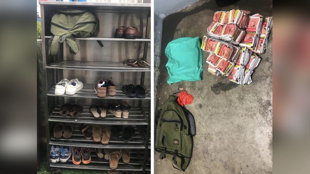 Chewing tobacco found in a backpack on a shoe rack at a Little India temple. (Photos: Health Sciences Authority)