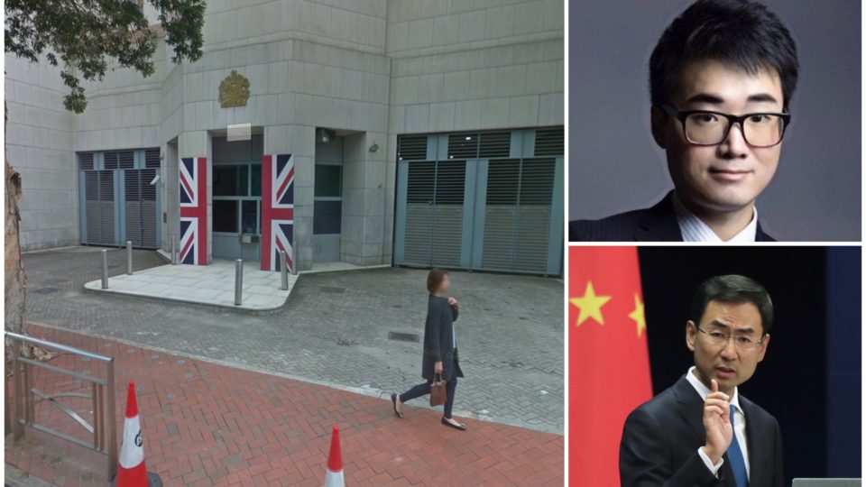 Clockwise from left: The UK consulate in Hong Kong; consulate staffer Simon Cheng, who is being detained in China; and Chinese Foreign Ministry spokesman Geng Shuang, who confirmed Cheng’s detention. Photos via Google Maps/Facebook/VoA.