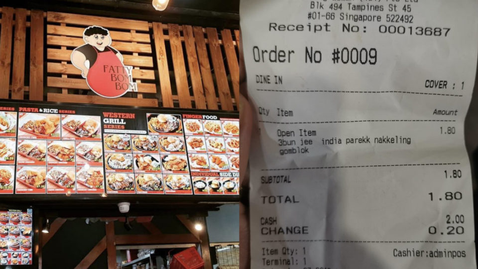 Fatty Bom Bom Sizzle’s food stall front (left) and the receipt with racist remark (left). (Photos: Fatty Bom Bom Sizzle/Sabira Ariffin/fb)