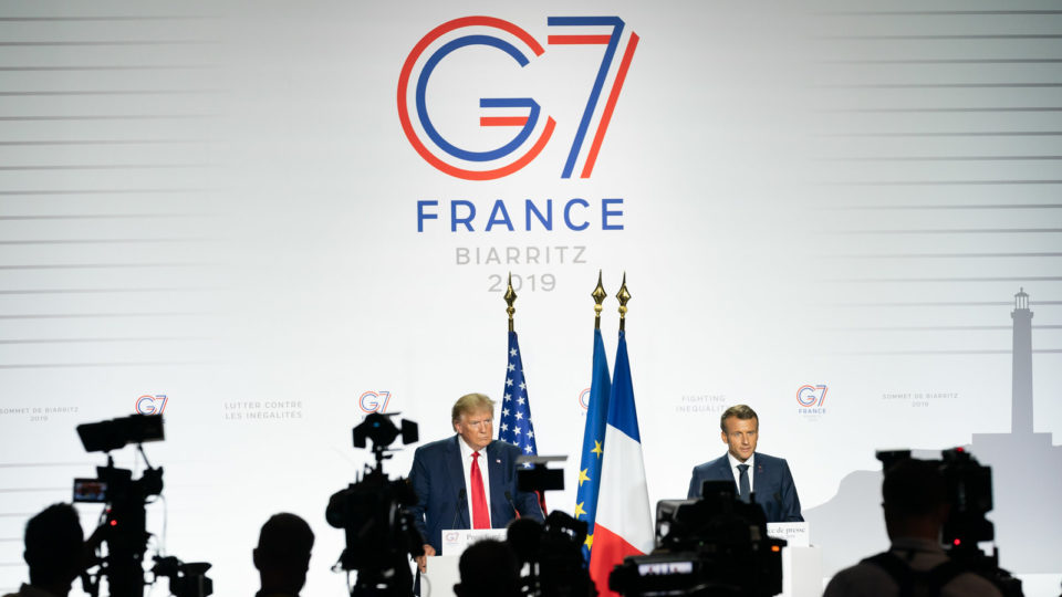 US President Donald Trump (left) and French President Emmanuel Macron appear (right) appear at the G7 summit in France this week. Photo via the White House.