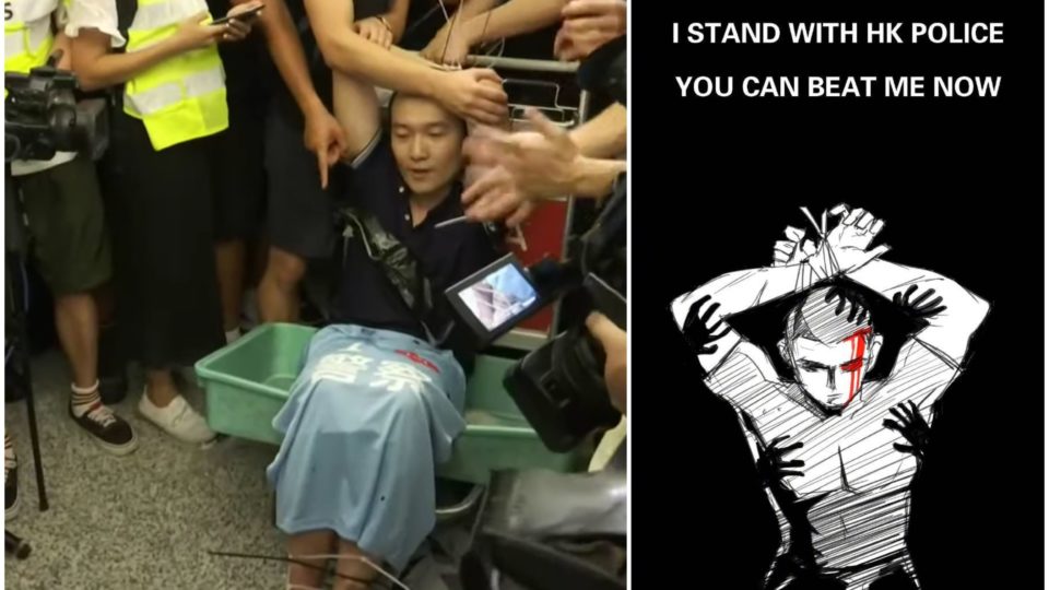 Global Times staffer Fu Guohao, who was detained by protesters at Hong Kong International Airport on Tuesday night (left), has since been lionized in memes by mainland social media users (right). Screengrabs via YouTube/Twitter.