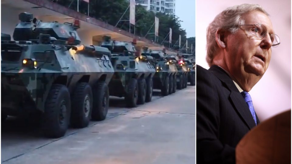 A convoy of Chinese police APCs seen in footage circulated by the Global Times (left), and US Senate Majority Leader Mitch McConnell (right). Photos via Twitter/Gage Skidmore.