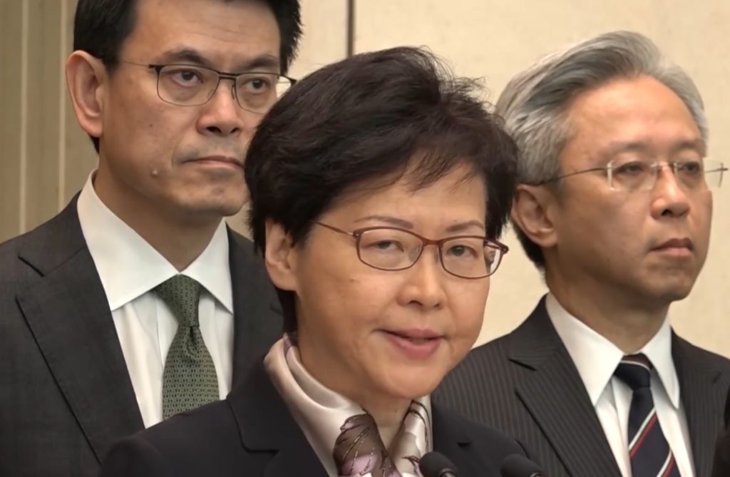Hong Kong Chief Executive Carrie Lam speaks to the press on Monday about the city's ongoing unrest. Screengrab via RTHK livestream.