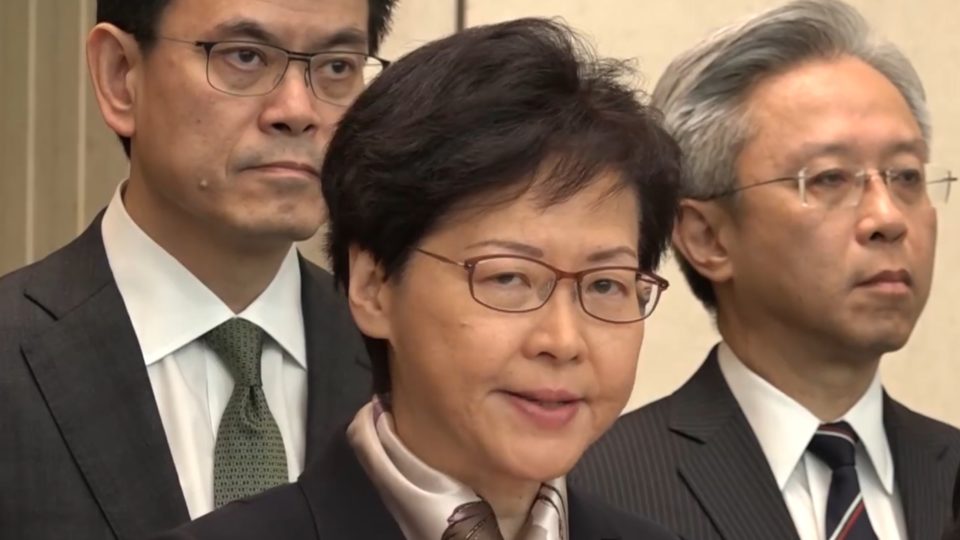 Hong Kong Chief Executive Carrie Lam speaks to the press on Monday about the city’s ongoing unrest. Screengrab via RTHK livestream.