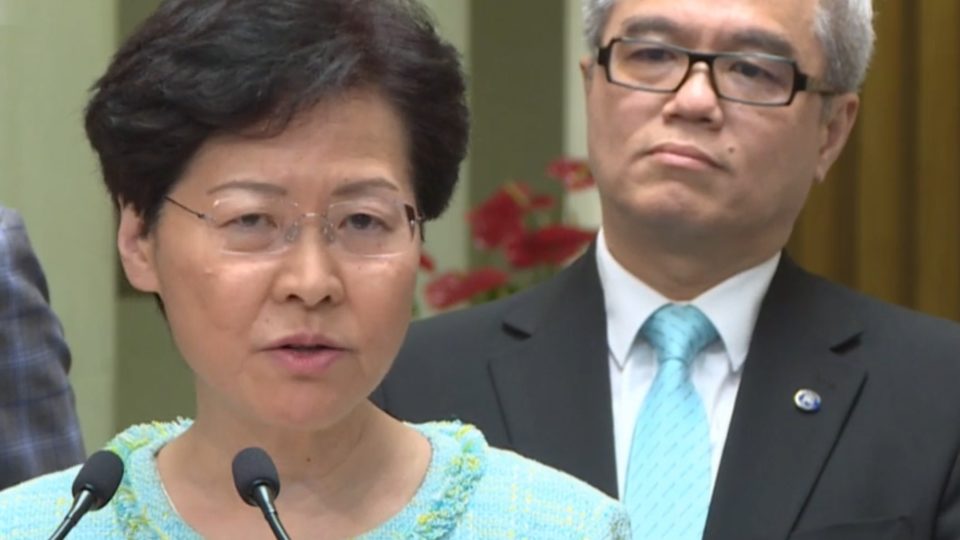 Hong Kong Chief Executive Carrie Lam speaks to the press today. Screengrab via Facebook.