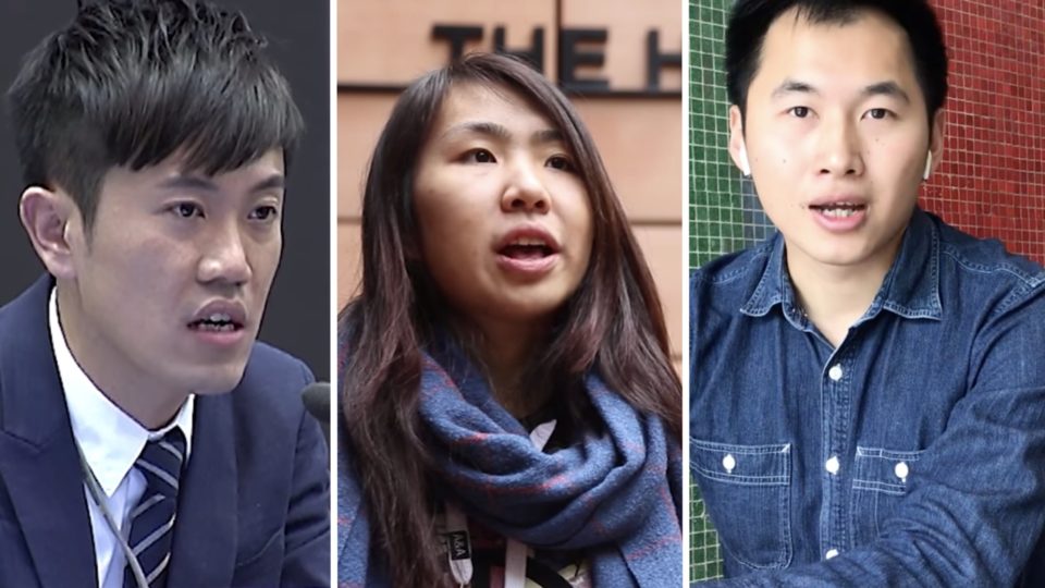 From left to right, Cheng Chung-tai, Althea Suen, and Rick Hui, who were all arrested today over accusations relating to their participation in Hong Kong’s protest movement. Screengrabs via YouTube.