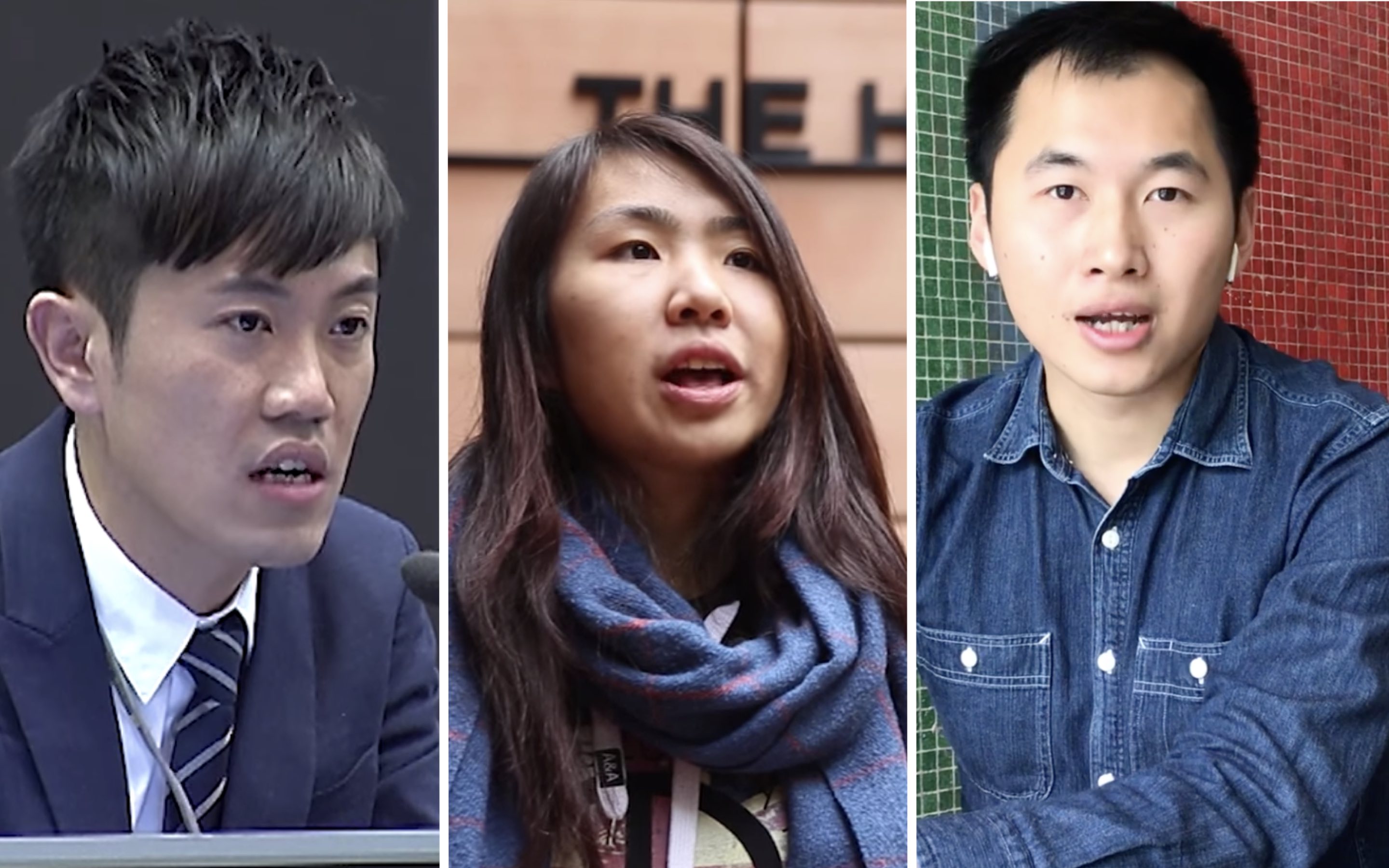 From left to right, Cheng Chung-tai, Althea Suen, and Rick Hui, who were all arrested today over accusations relating to their participation in Hong Kong’s protest movement. Screengrabs via YouTube.