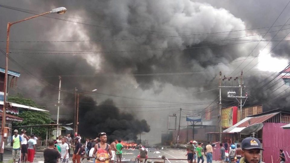 Protesters take to the street to face off with Indonesian police in Manokwari, Papua on August 19, 2019. Photo by AFP