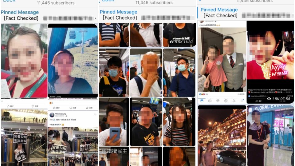 Screengrabs from the Telegram group “Parents Looking for Their Children,” were opponents of Hong Kong’s protest movement seek to identify and report protesters. Screengrabs via Telegram.