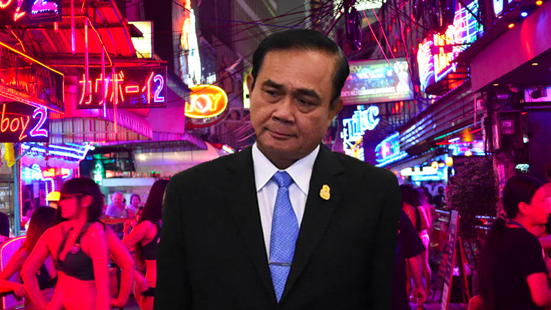 Prime Minister Prayuth Chan-o-cha superimposed over a photo of Soi Cowboy, a Bangkok red-light district popular with foreigners. Original images: Prayut Chan-o-cha / Facebook, Paul Sullivan / Flickr