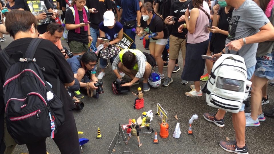 Enthusiasts create highly detailed dioramas using custom-made figurines at today’s protest at Victoria Park. Photo by Stuart White.