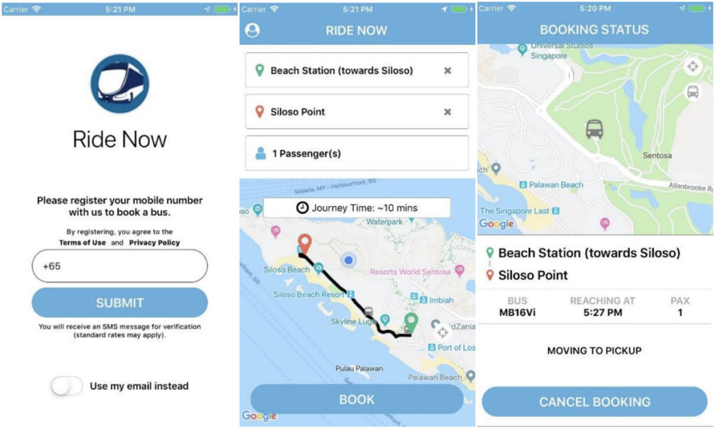 Screenshots of the Ride Now Sentosa mobile app. 
