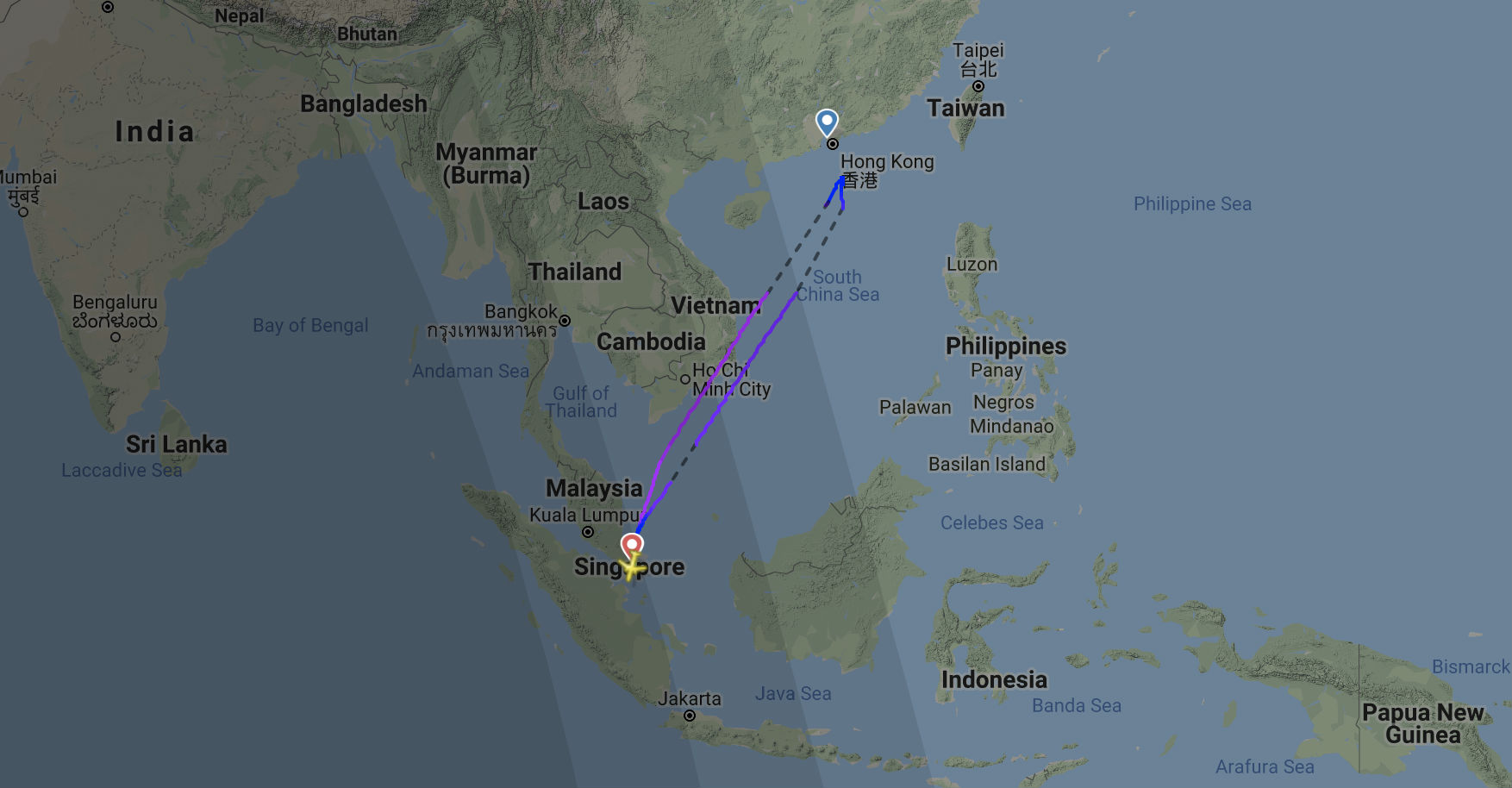 Screenshot of FlightRadar 24 map showing route taken by Scoot flight TR980.