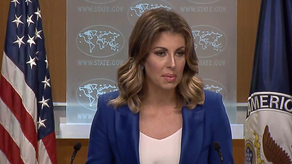 State Department spokeswoman Morgan Ortagus speaks to the press during a briefing in Washington yesterday. Screegrab via US State Dept video.