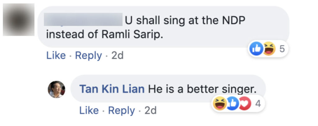 Screenshot of comment on Tan Kin Lian's Facebook page. 