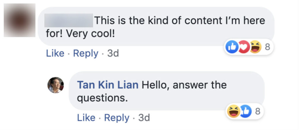 Screenshot of comment on Tan Kin Lian's Facebook page. 