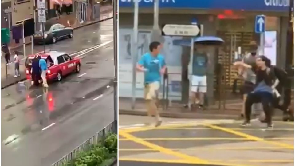 Men later arrested on suspicion of weapons possession retrieve metal rods from the trunk of a taxi (left), and flee protesters after finding themselves outnumbered (right) during yesterday’s protests in Tsuen Wan. Screengrabs via Twitter/YouTube