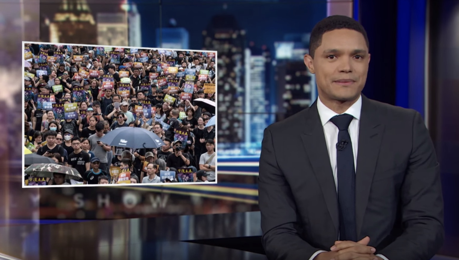 Trevor Noah on a recent episode of The Daily Show talking about the Hong Kong protests. Screengrab via YouTube.