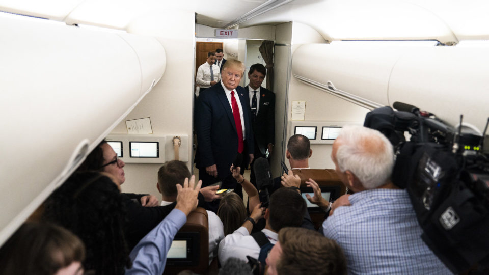 US President Donald Trump speaks to members of the press in New Hampshire on Thursday. Photo via the White House.