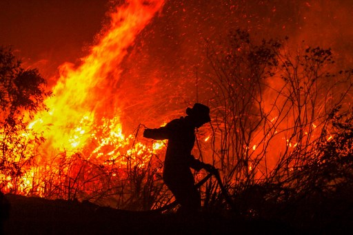 In this file photo taken on September 11, 2019, a firefighter extinguishes a fire in a forest at Rambutan village in Ogan Ilir, Indonesia’s South Sumatra province. Photo: Abdul Qodir / AFP 