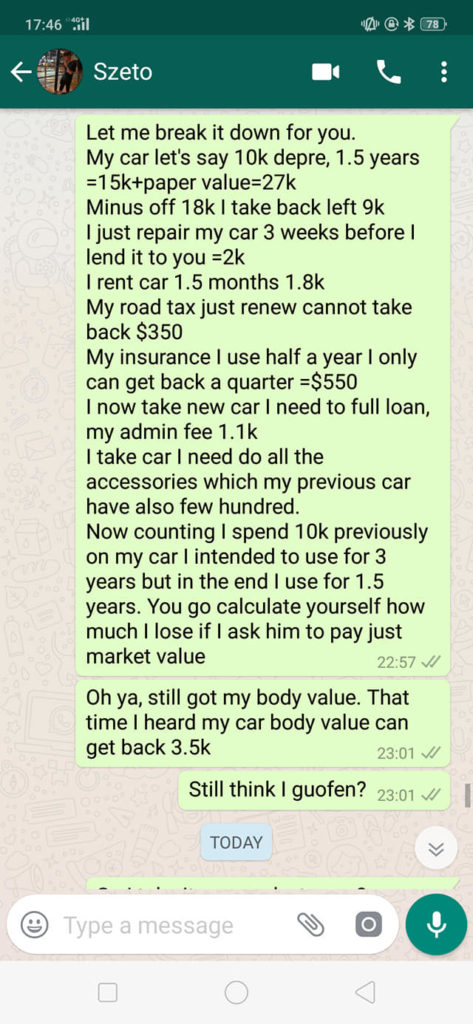 Screenshot of a WhatsApp exchange between Sean Lim and Szeto Chung. Image: Sean Lim/fb