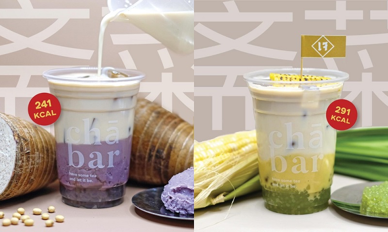 Double Taro Soy Milk with Riceberry Boba (left) and Corn Soy Milk with Pandan Sago. Photo: Cha Bar / FB