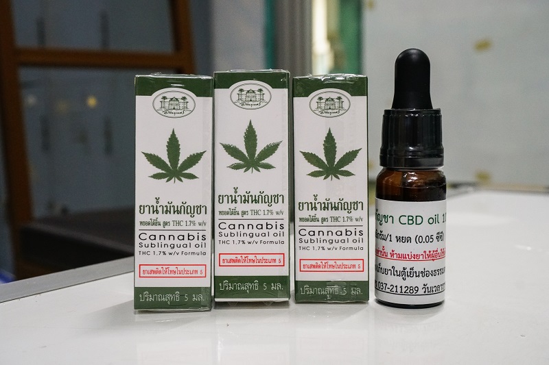 Bottles of sublingual cannabis oil provided at the clinic. Photo: Coconuts Bangkok