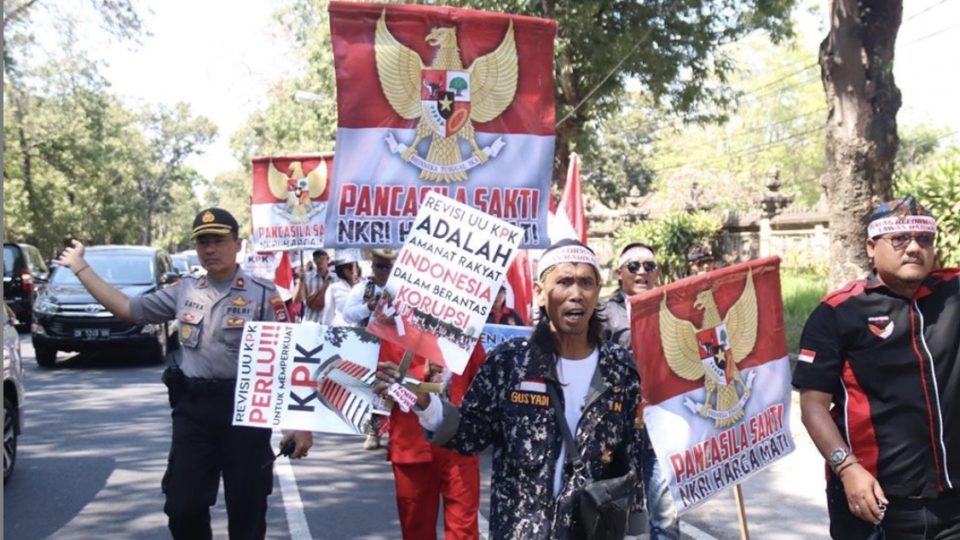 Supporters of the revised law who took part in the rally today are reportedly part of the Bhinneka Sakti Alliance. Photo: Polresta Denpasar